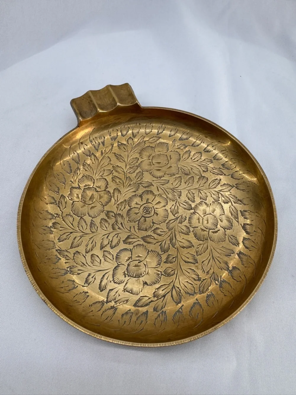 MCM Boho Decor Vintage Etched Brass Floral Ashtray & Walnut Wood Trinket Dish